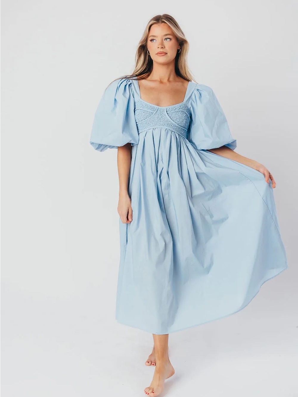 Light Blue Midi Dress with Puff Sleeves